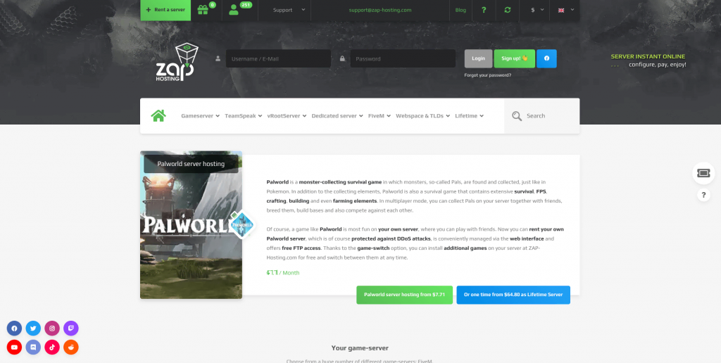 Página web del proveedor de alojamiento de juegos Zap Hosting