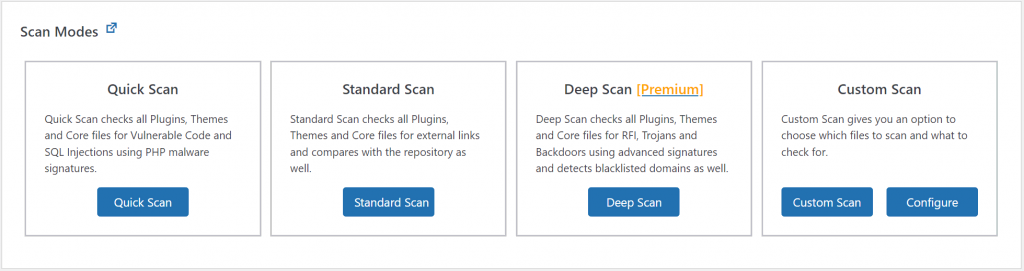 Opciones de scanner de miniOrange Malware Scanner