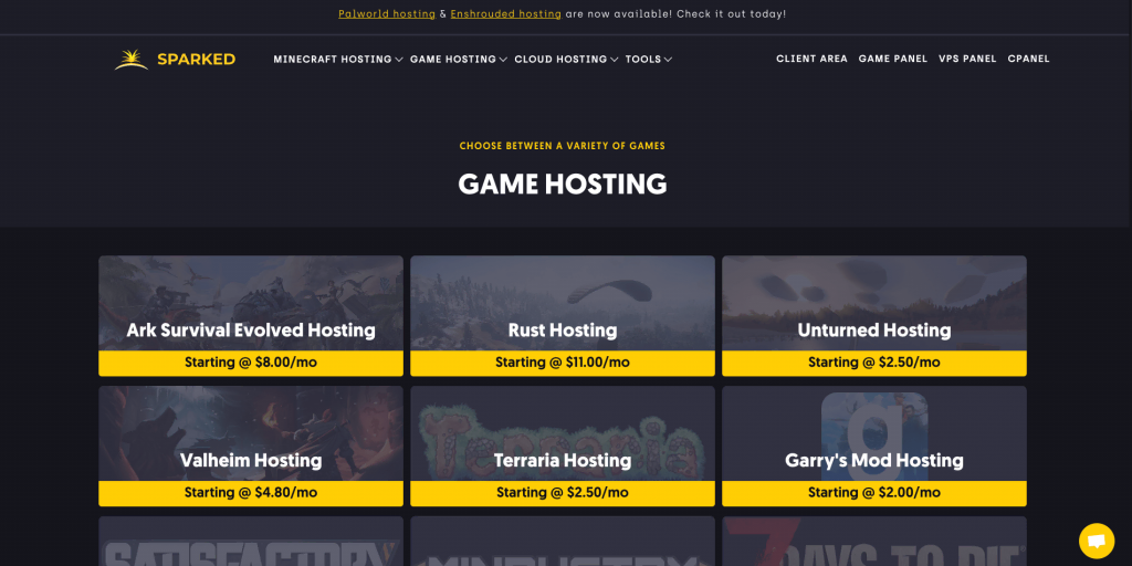 Sitio web del proveedor de alojamiento de juegos Sparked Host