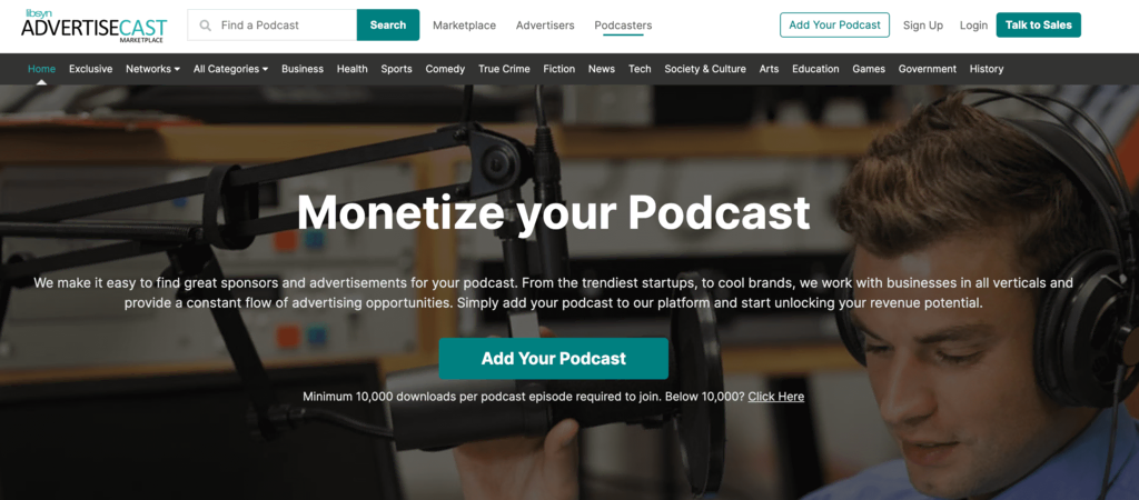 Página de inicio de AdvertiseCast, una red de publicidad de podcasts