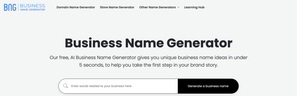 Página de inicio del generador de nombres comerciales BNG