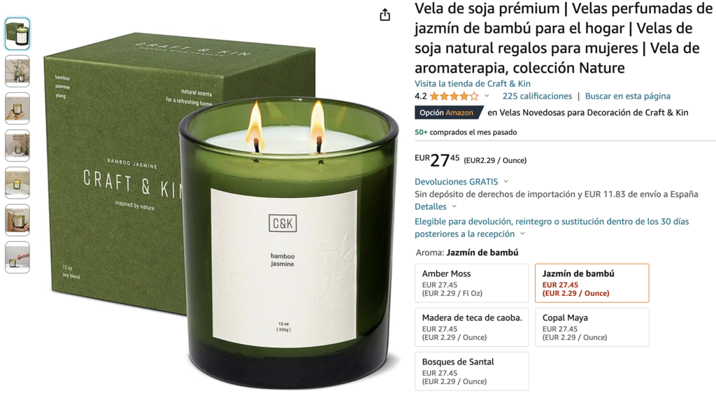 Ejemplo de velas para hacer y vender de Amazon
