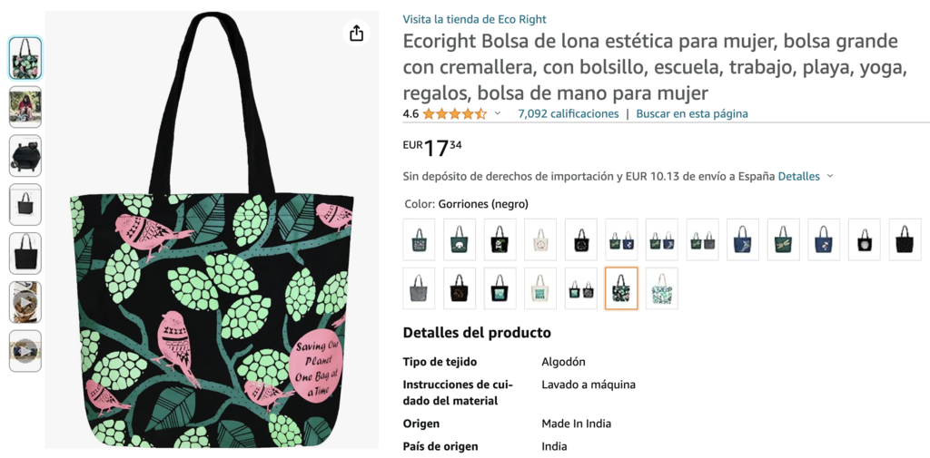 Ejemplo de bolsas de tela para hacer y vender de Amazon