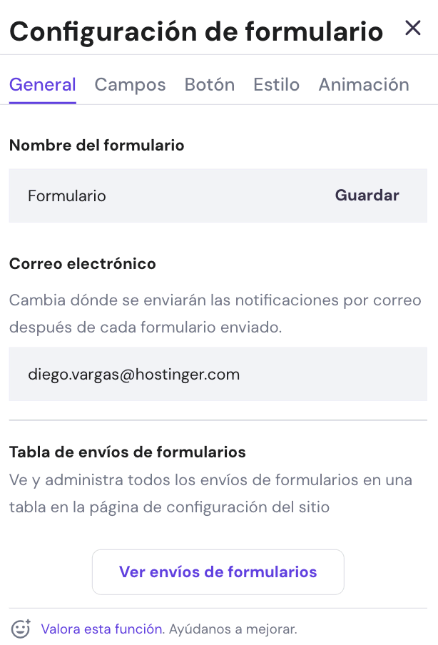 Configuración de formulario web del Creador de Hostinger