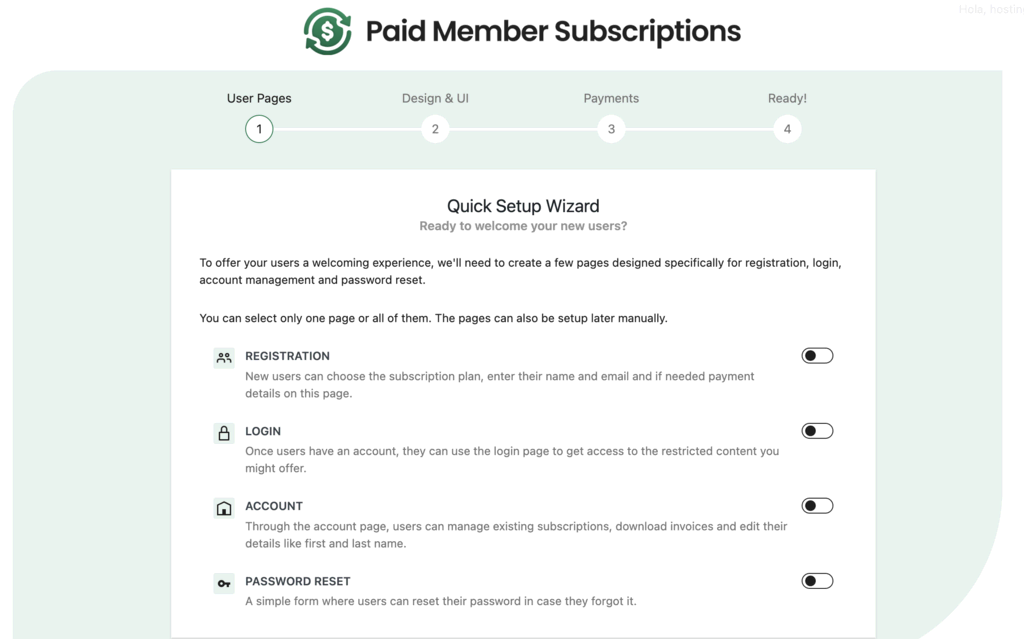 Asistente de configuración de Paid Member Subscriptions