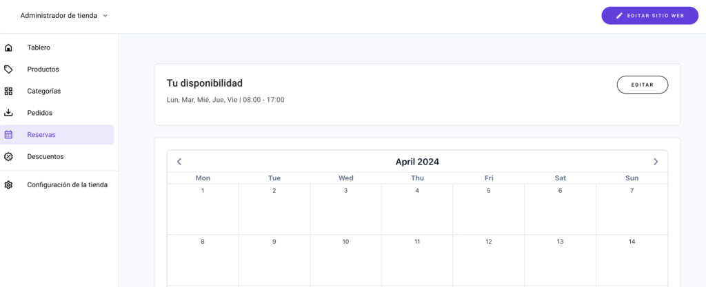 Calendario de disponibilidad del Creador de sitios de Hostinger