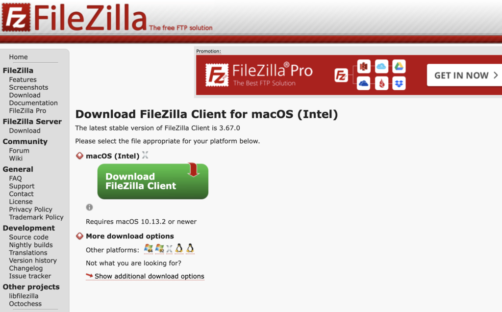 Página de descargas de FileZilla