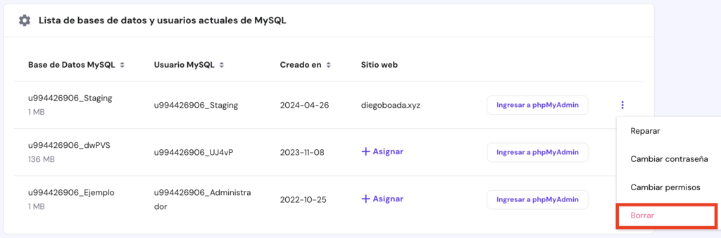 Lista de bases de datos y usuarios MySQL actuales de hPanel