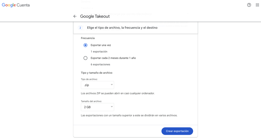 Ajustes de Google Takeout