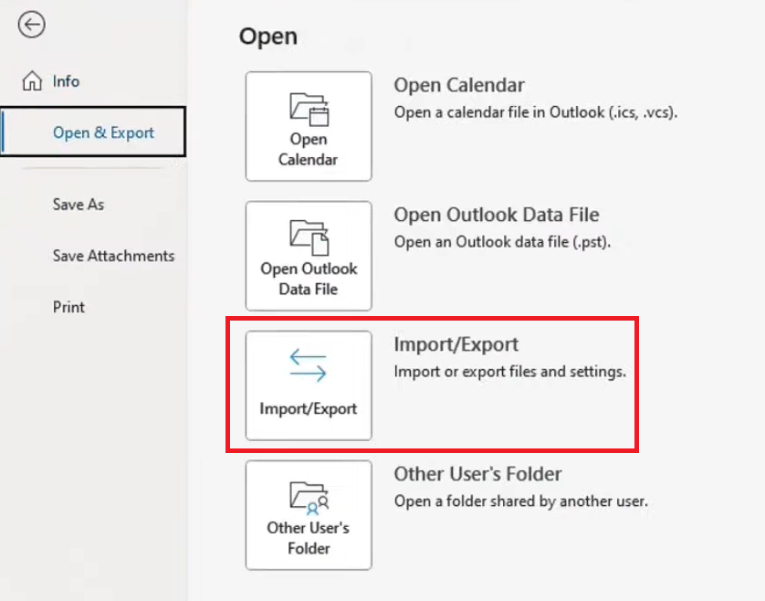 Opción Importar/Exportar de Outlook