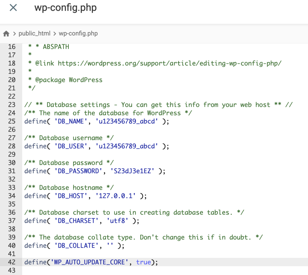 Archivo wp-config.php del Administrador de archivos de hPanel